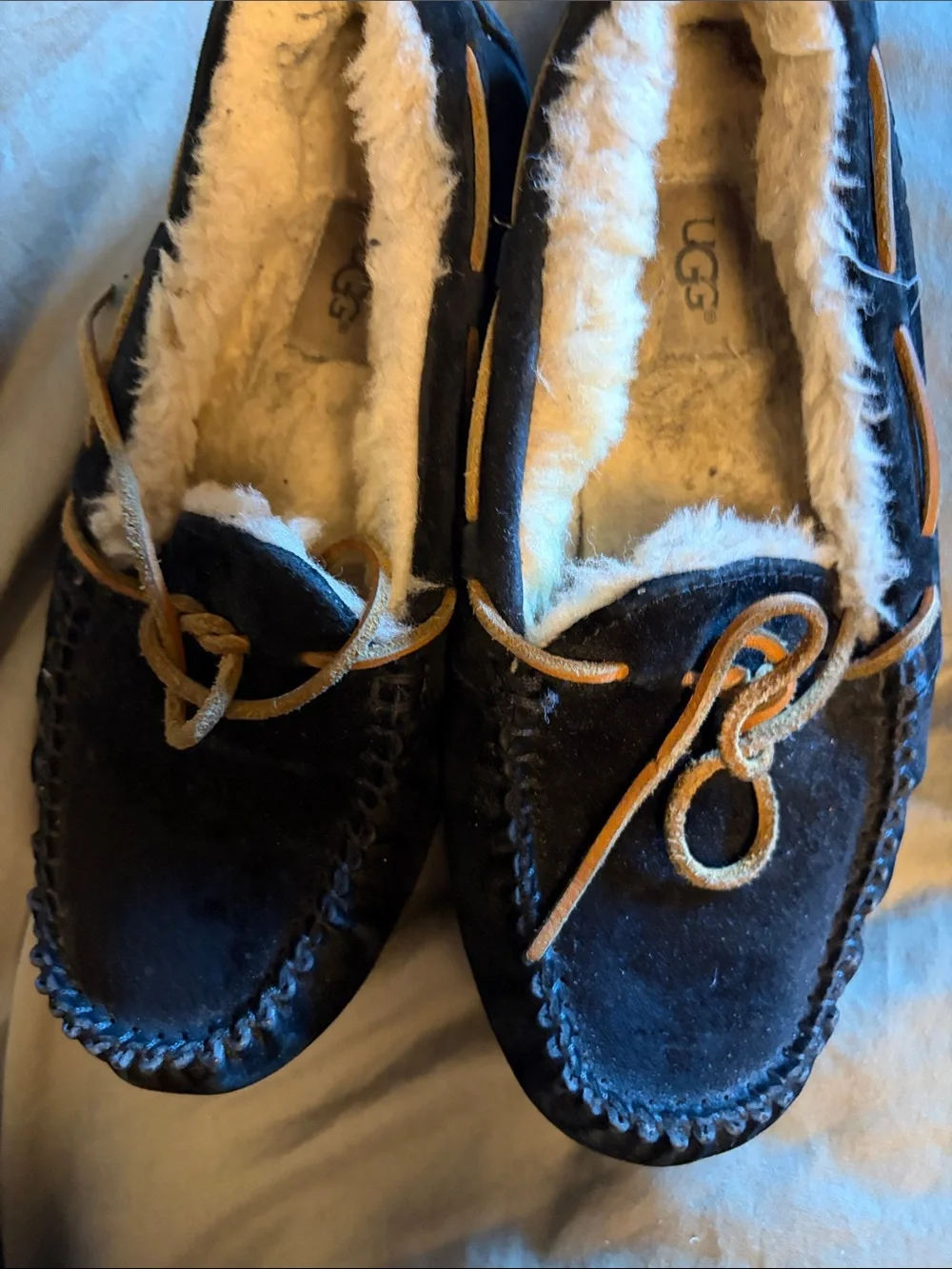 UGG Men's Black Suede Moccasin Slippers with Cream Shearling